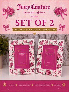 Juicy Couture Floral Bow Photo Frame Set 2 Pink 4x6 Tabletop Decor